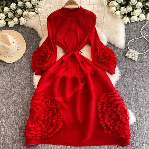 Women's Pleated Lace Elegant Temperament Lace Up Puff Sleeves High Waisted Dress - Picture 10 of 10